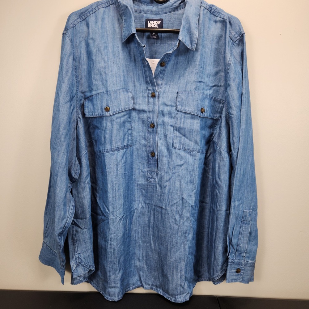 Lands' End Women‎ 2X Blue Tencel Lyocell Popover Tunic Shirt Chambray Top NEW